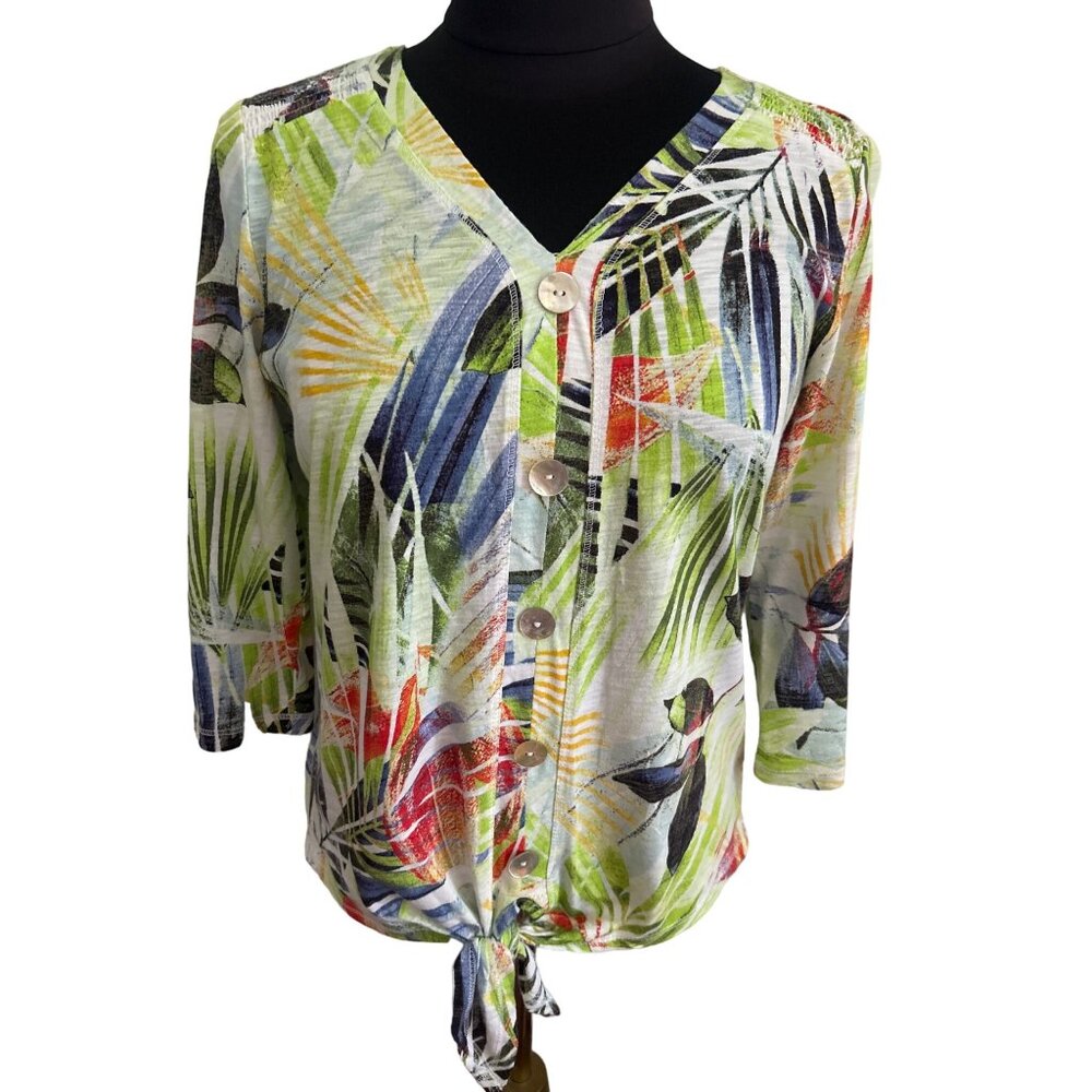 Coral Bay Women's PM Tropical Print Faux Button-Down Tie-Front Shirt